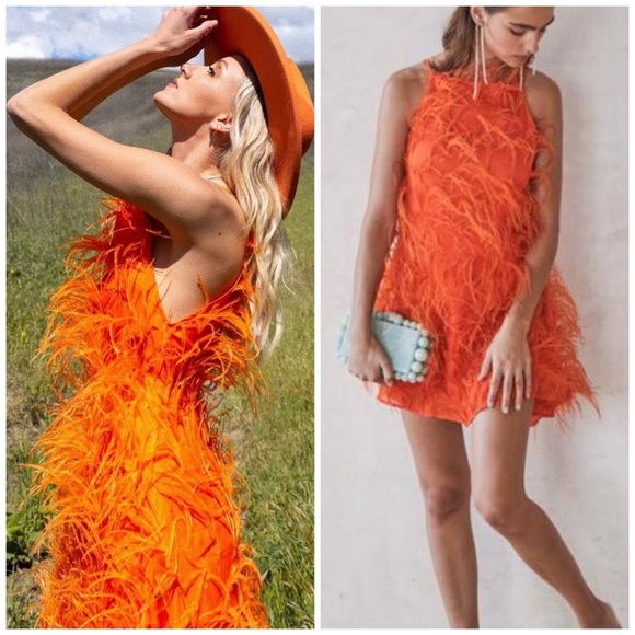 Cult Gaia Shannon Ostrich Feather Silk Mini Dress Orange XS Cocktail Party - Picture 1 of 12